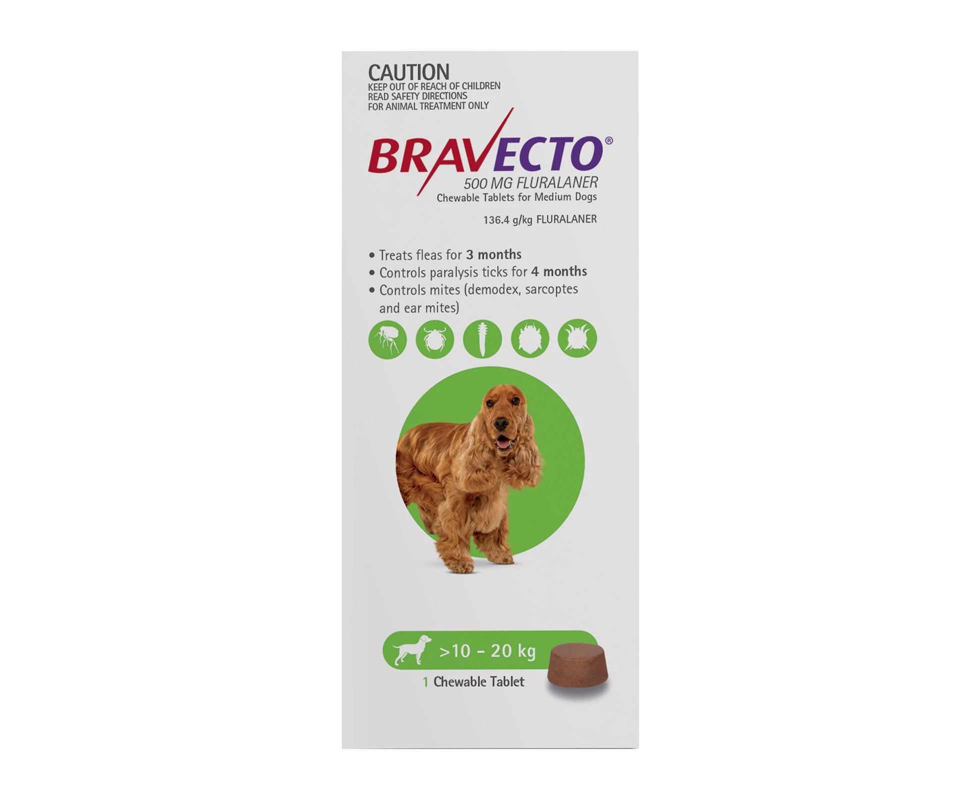 Bravecto For Medium Dogs 10-20Kg (Green) 2 Chews