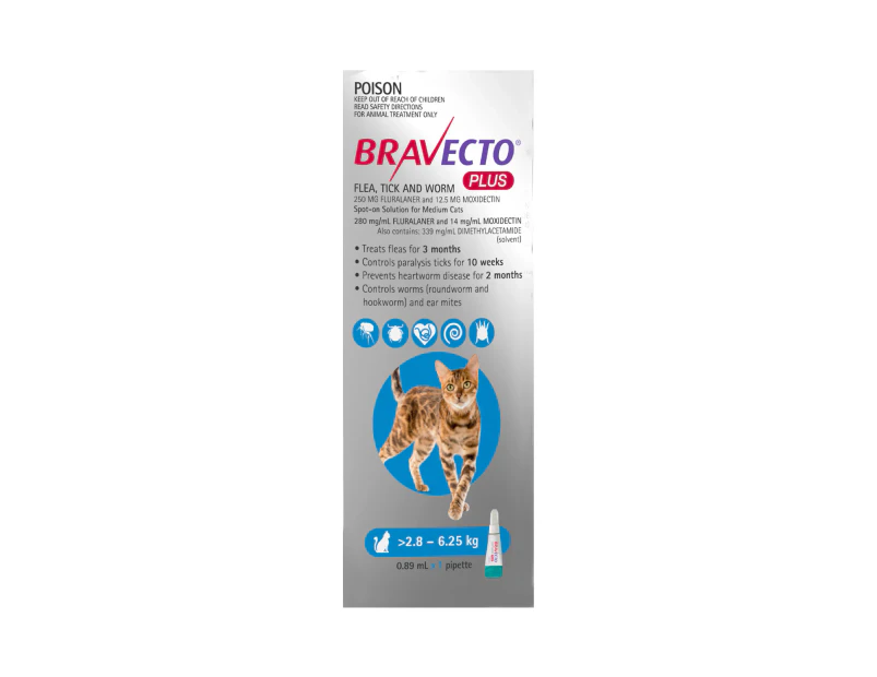 Bravecto Plus For Cats 2.8-6.25 Kg (Blue) 1 Pipette