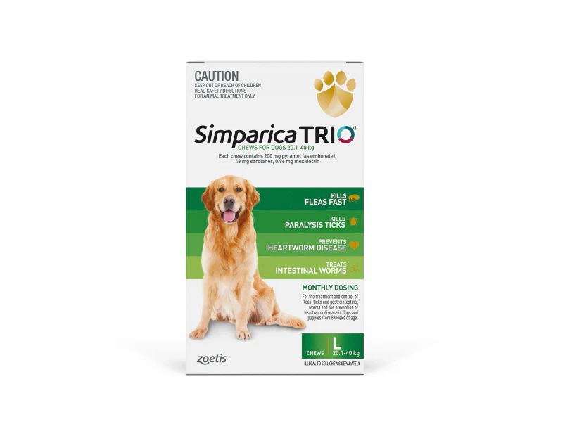 Simparica TRIO for Large Dogs 20.1 to 40 Kg (Green) 6 Chews