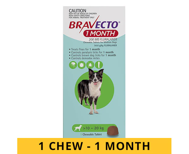 Bravecto For Dogs 10 to 20 Kg (GREEN) MONTHLY 1 Chew