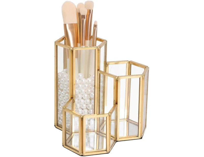 Decorative Makeup Brush Holder Pen Pencil Holder for Desk Organizer Gold Glass Cosmetic Display Cases Pot for Women Girls-