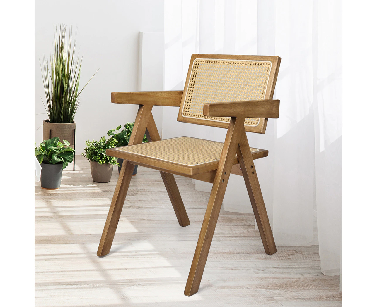 Levede 2x Dining Chair Solid Wood Rattan Armchair Wicker Accent Lounge Chairs