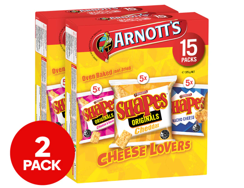 2 x 15pk Arnott's Shapes Cheese Lovers Value Box 375g