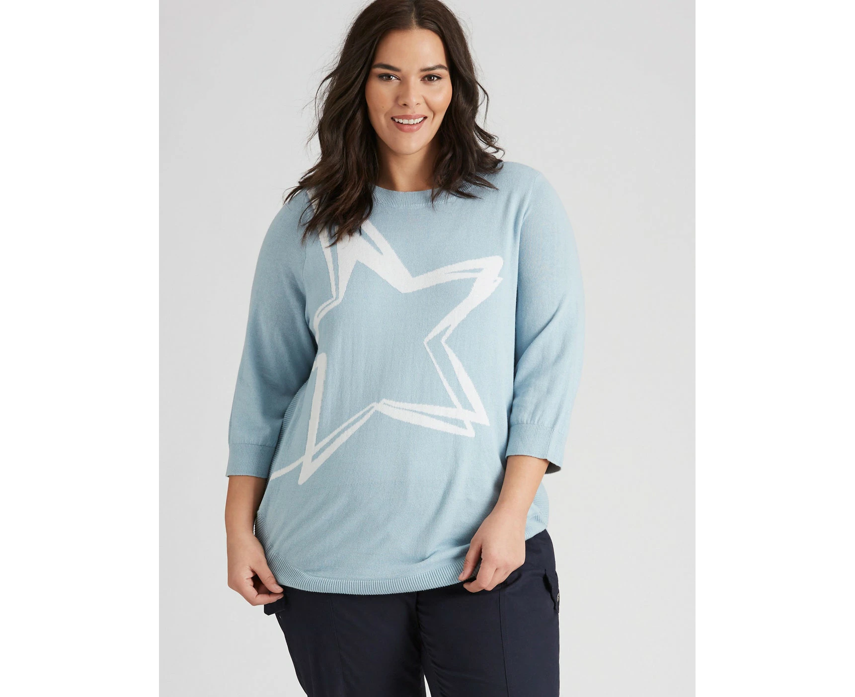 Autograph Knit 3Q Sleeve Star Novelty Jumper - Plus Size Womens - Silver Blue Star