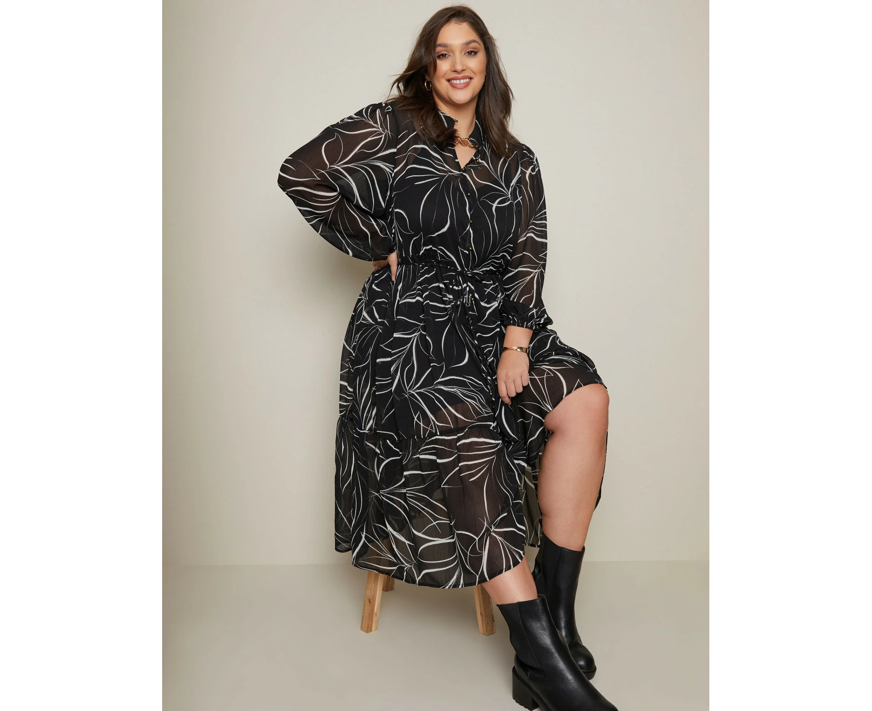 Autograph - Plus Size - Womens Maxi Dress - Black - Winter Casual Floral Dresses - Modern - Long Sleeve - Button Front Peasant - Women's Clothing