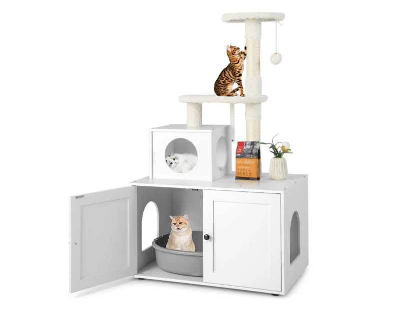 Costway 3IN1 Cat Tree Tower Scratching Post Kitty Condo House Pet Litter Box Enclosure w/Mat&Teasing Ball White
