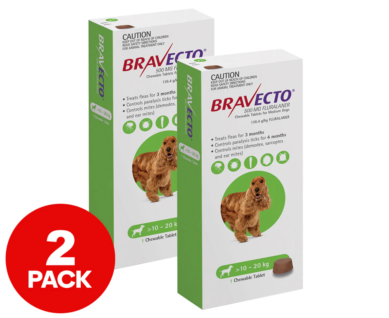 2 x Bravecto Chewable Flea Tablet For Medium Dogs 10-20kg 1pk