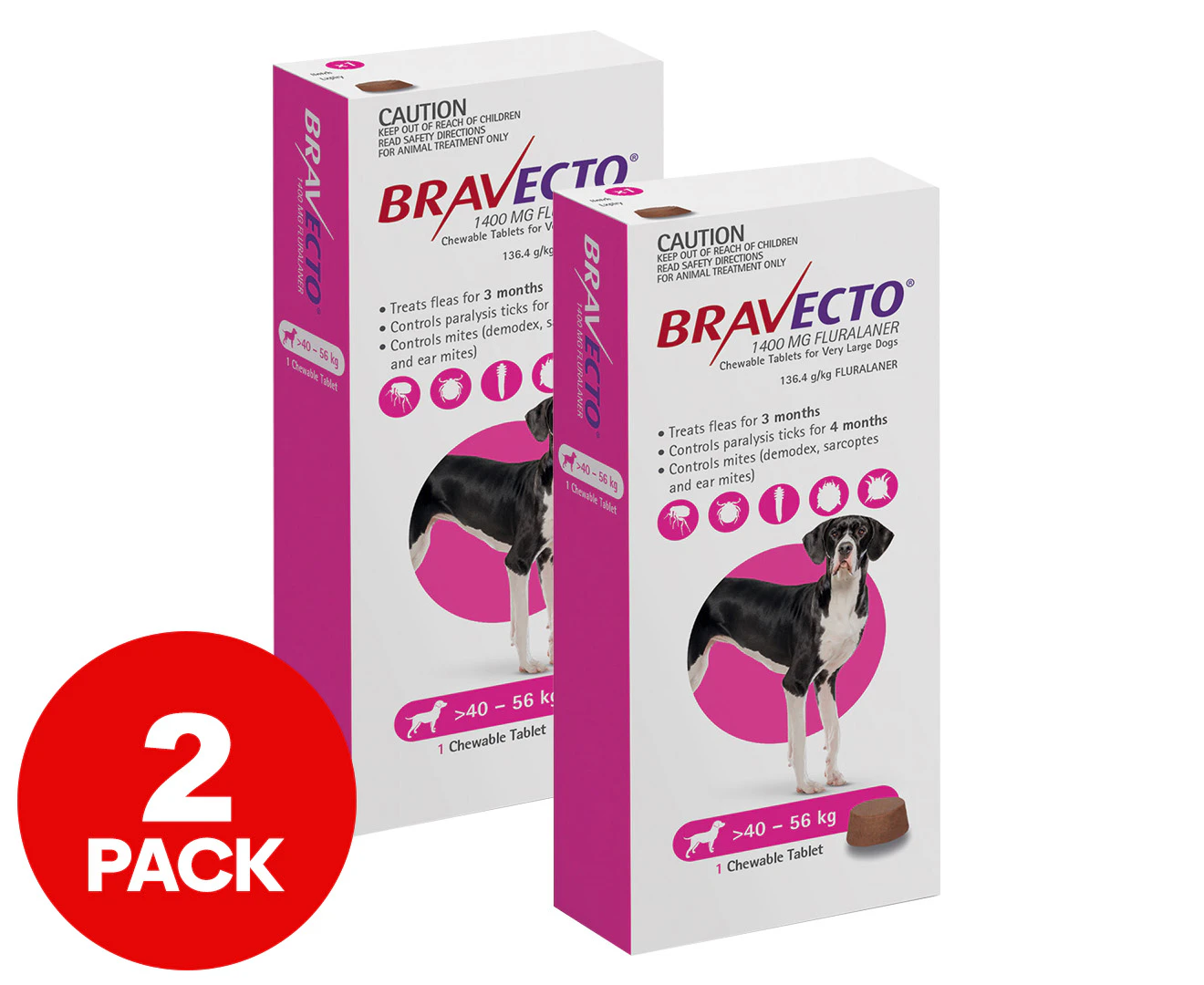 2 x Bravecto Chewable Flea Tablet For Very Large Dogs 40-56kg 1pk