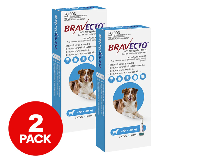 2 x Bravecto Spot-On Solution For Large Dogs 20-40kg 3.57mL