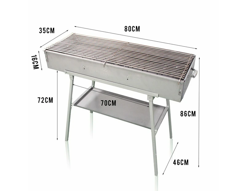 WillBBQ 80x35cm Extra Thick Commercial Portable Charcoal Grill for Camping Skewers Kebab Outdoor Cooking Stainless Steel Grill