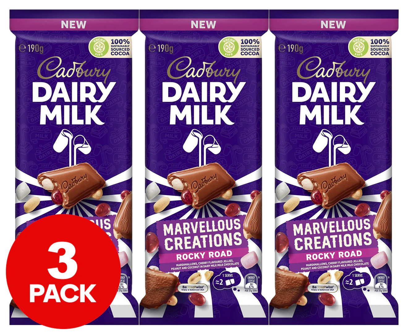 3 x Cadbury Marvelous Creations Rocky Road Chocolate Block 190g