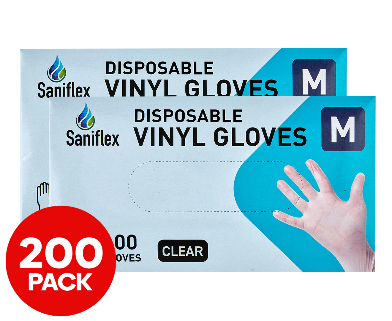 2 x 100pk Saniflex Medium Size Disposable Vinyl Gloves