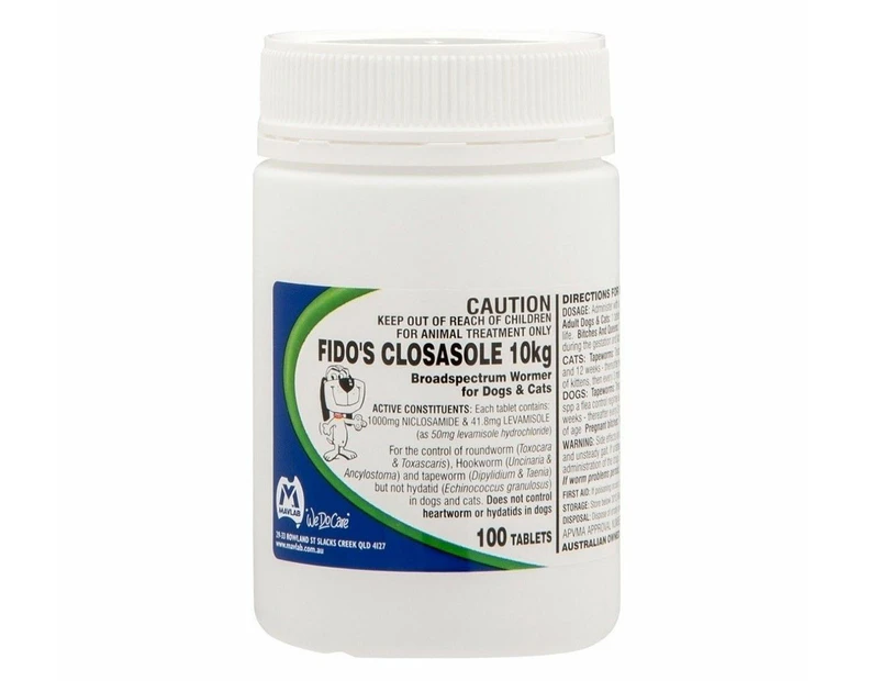 Fido's Closasole 10kg Broadspectrum Wormer for Cats & Dogs 100 Tabs