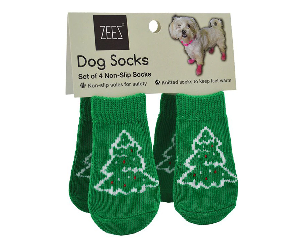 Zeez Non-Slip Sole Knitted Dog Socks Christmas Tree Green Large Set of 4