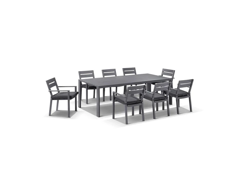 Outdoor Capri 8 Seater Outdoor Aluminium Dining Setting With Santorini Chairs In Charcoal - Charcoal with Denim - Outdoor Aluminium Dining Settings