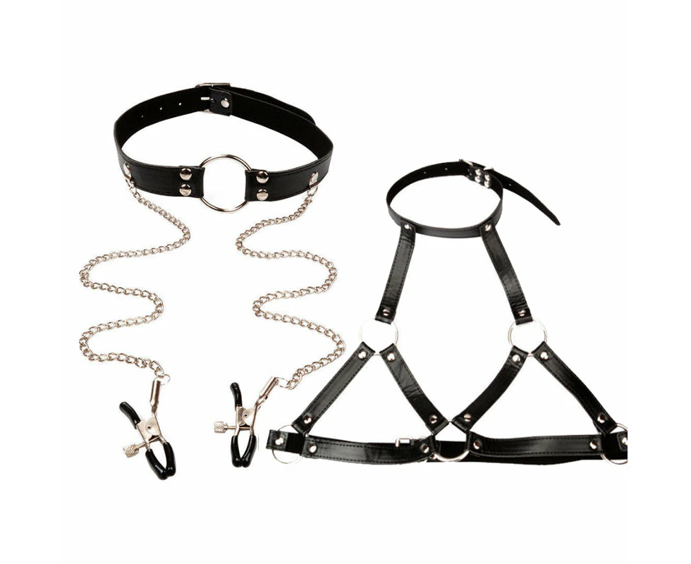 BDSM Fetish Bra Strap & Gag Ring & Nipple Clamps 3 in 1 Fetish Kit