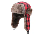 Buffalo Plaid Aviator Fur Trapper Hat  Eskimo Russian Bomber Hat With Ear Flaps For Women Men-Black Red