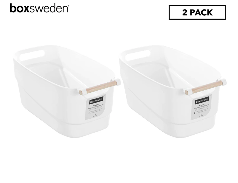 2 x Boxsweden 10.5L Sortea Storage Basket w/ Wood Handle - White/Natural