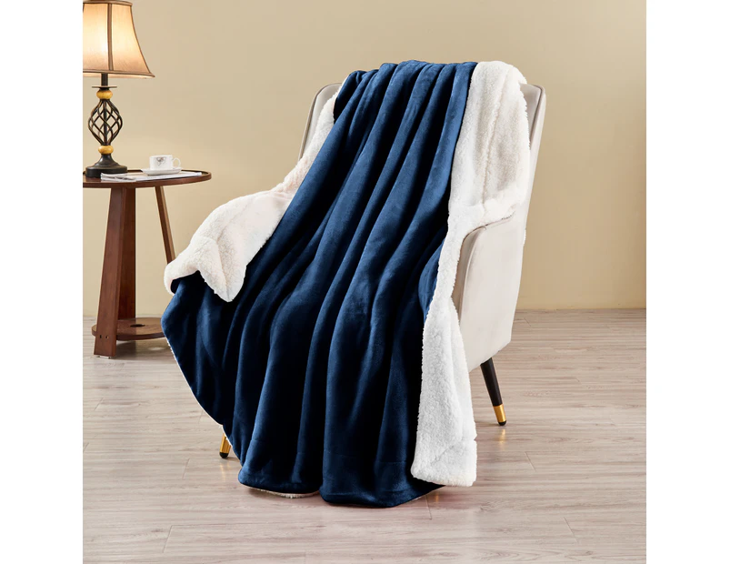 LINENOVA Sherpa Fleece Warm Blanket -152x203cm - Navy