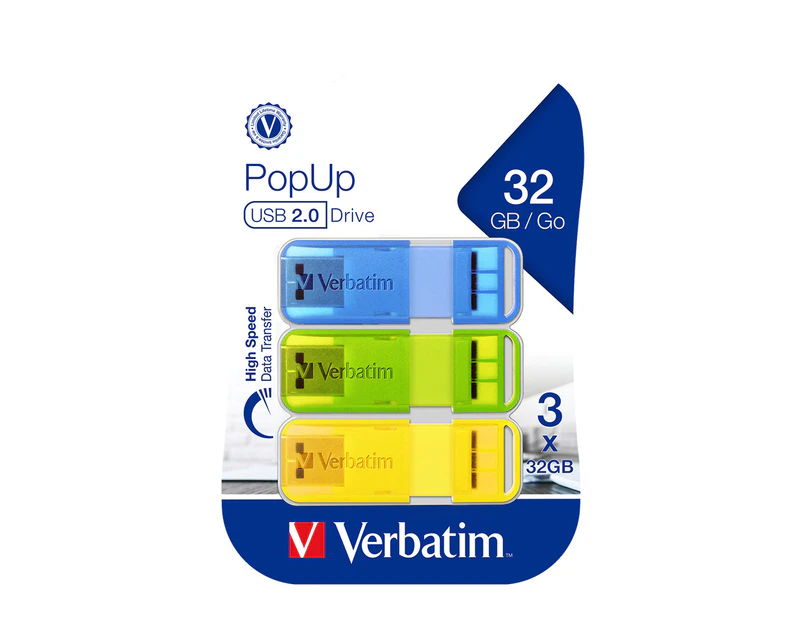 3pc Verbatim Pop-Up USB Sticks 2.0 32GB Triple Pack Bright Colours 57x9mm Assort