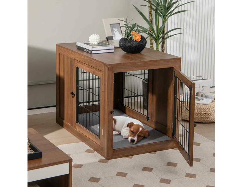 Costway Wood Dog House Side End Table Lockable Pet Kennel Puppy Crate w/Cushion & Steel Wire Mesh