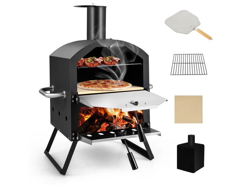 Costway 2-Layer Pizza Oven Portable BBQ Grill Pizza Maker Charcoal Wood Fired w/Waterproof Cover&Pizza Stone