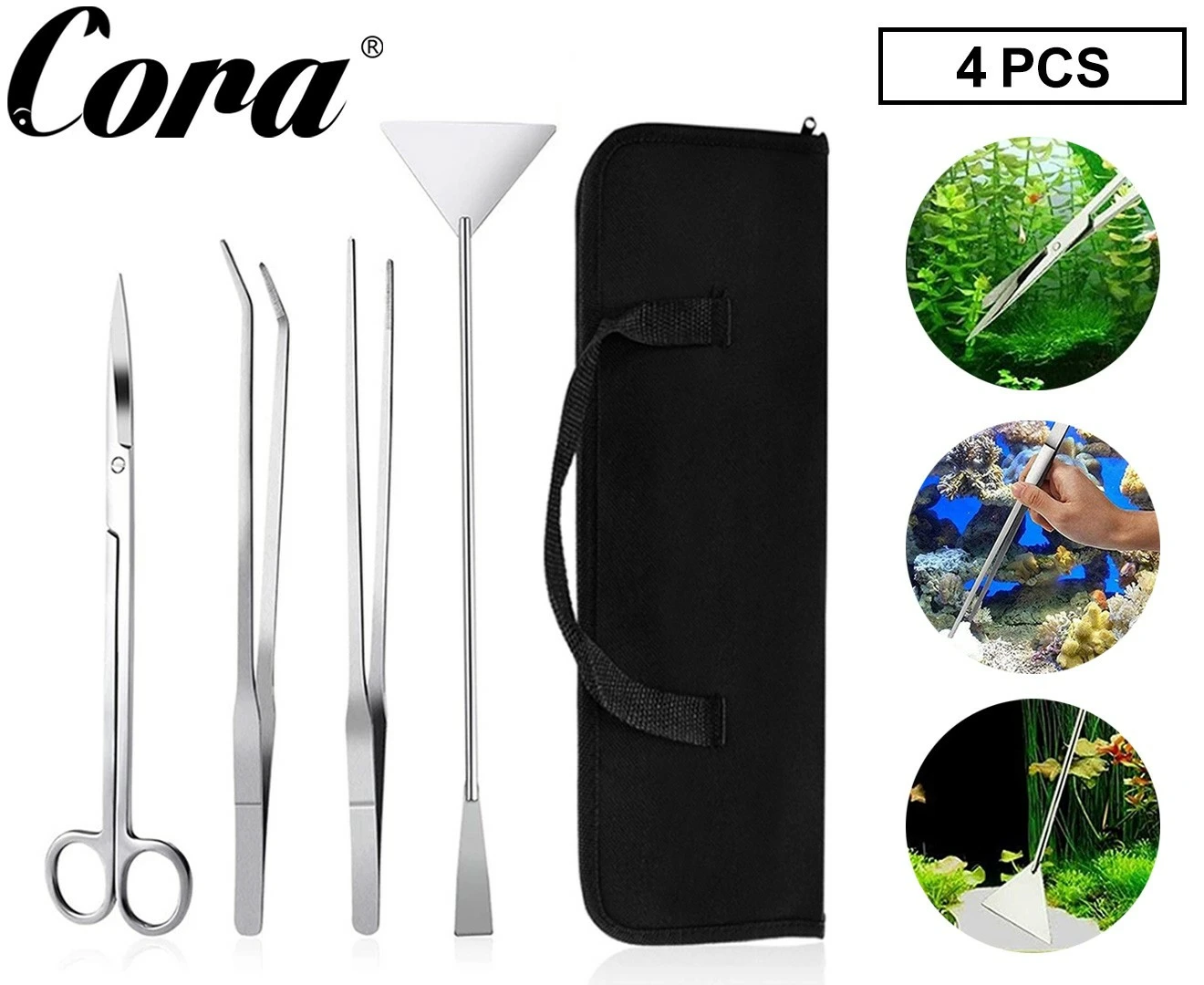 Cora Aquarium Tool Kit Aquatic Plant Tweezers Scissors Spatula-4pcs