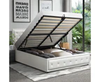 Oikiture Bed Frame Queen Size Gas Lift Base With Storage White Leather