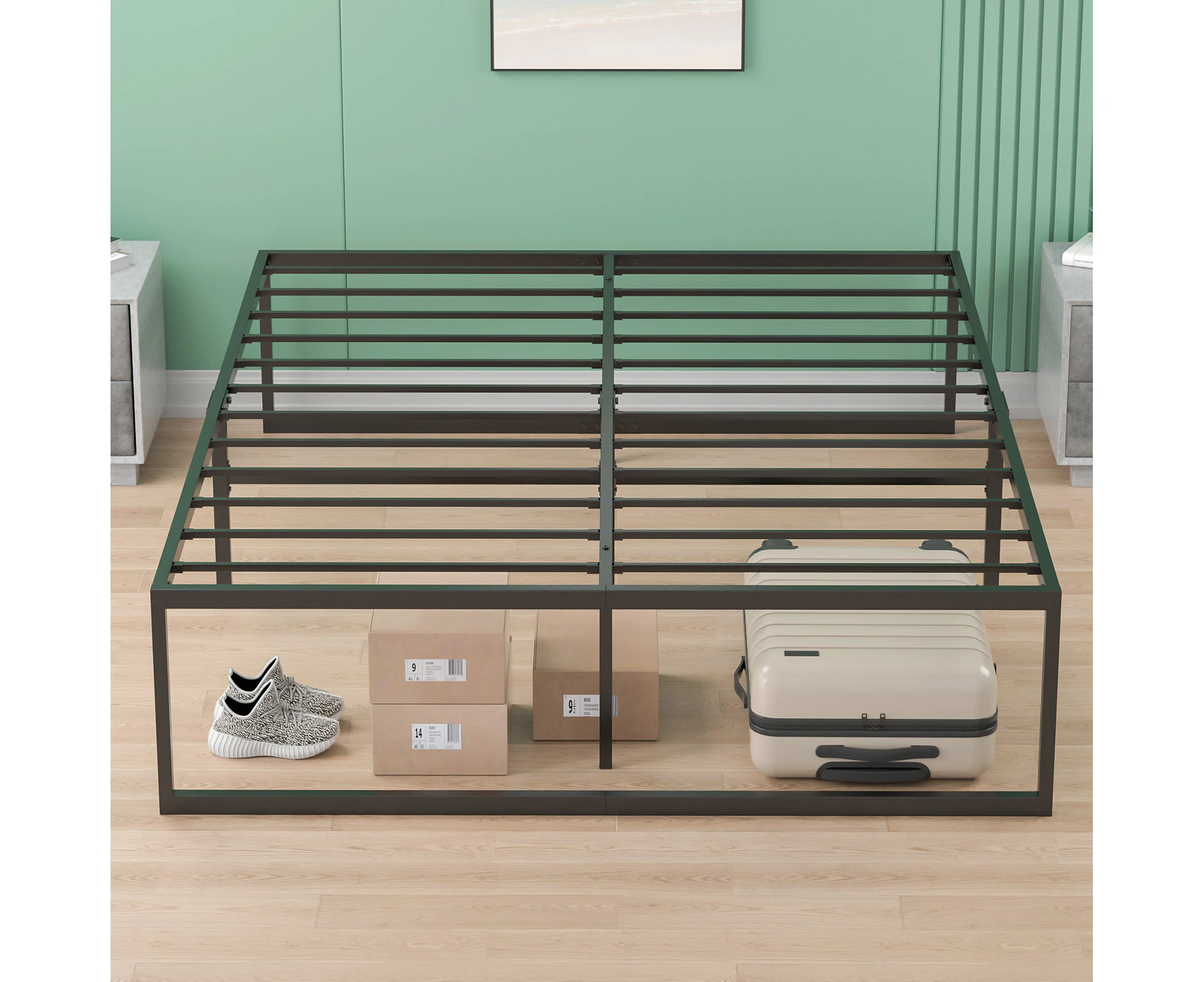 Ufurniture Metal Bed Frame Single 41cm Height Bed Base Upholstered Platform Foundation Mattress Base Support Black