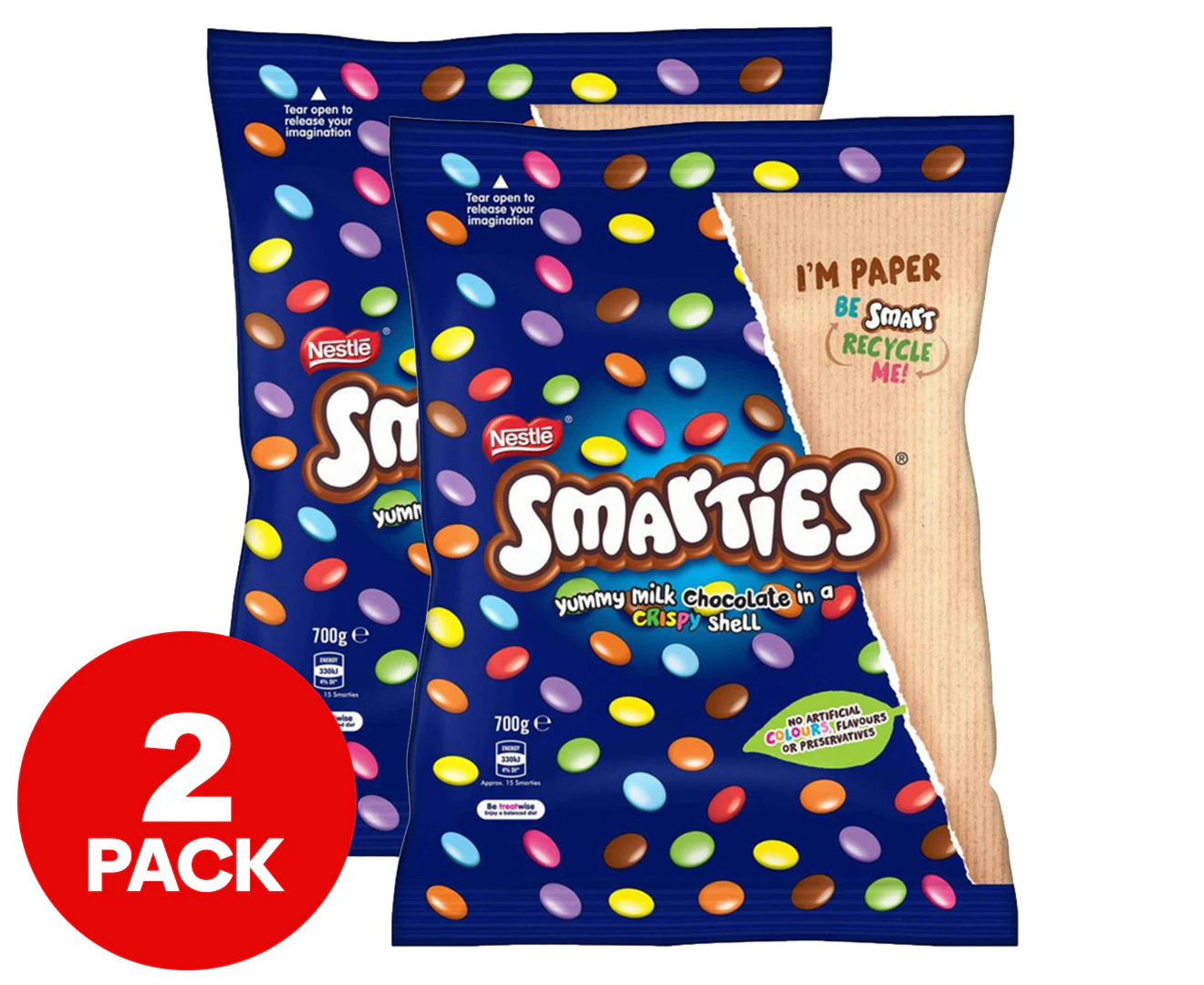 2 x Nestle 700g Smarties Milk Chocolate Crispy Crunchy Shell Candy Snack Bag