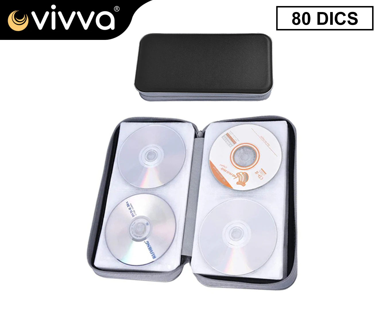 Vivva Portable CD DVD Bag Wallet Disc Storage Case Box Holder Hard Shell (80pcs Black)