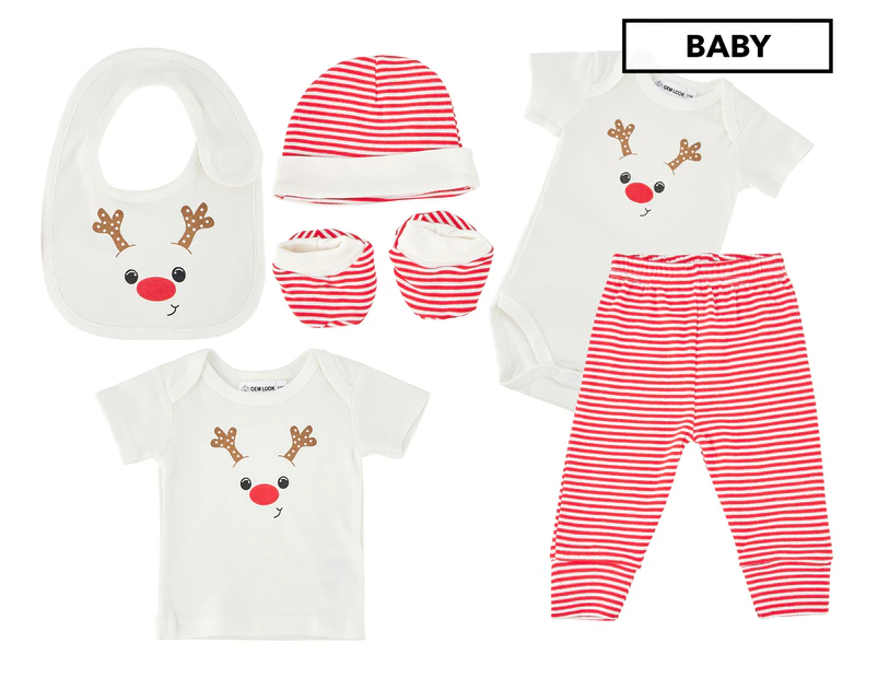 Gem Look 0-6 Months Baby Organic Cotton Reindeer 6-Piece Set - Cream/Red