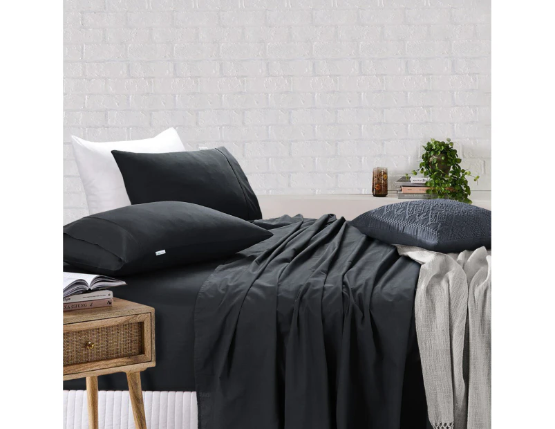 Elan Linen 100% Cotton Vintage Washed Bed Sheet Set - Charcoal