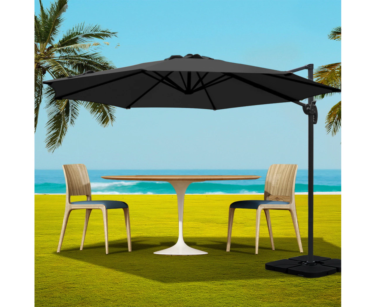 InstaHut 3m Outdoor Umbrella w/Base Cantilever Beach Roma 360 Degree Tilt Black