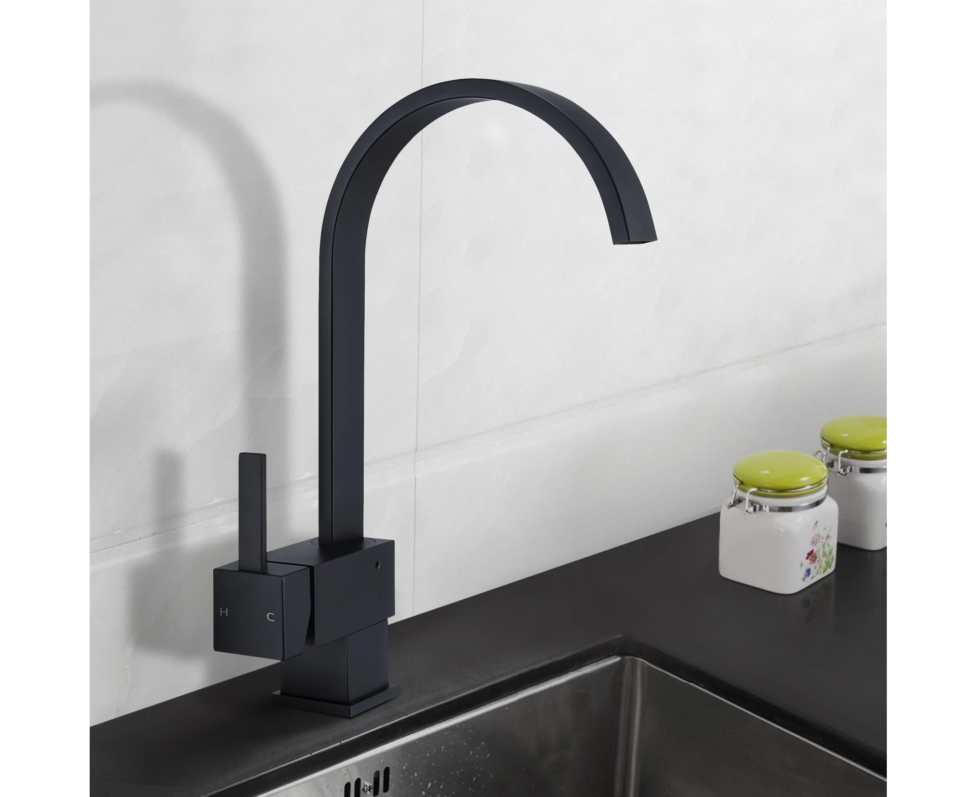 Gooseneck Kitchen mixer tap Swivel Spout Laundry sink tap Kitchen Faucets Deck Mount Black