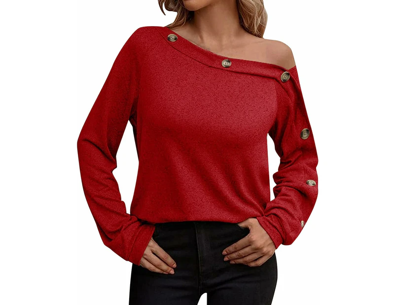 Tops for Women Pack Women Solid Blouse Casual Long Sleeve Off Shoulder Shirts Blouse Tops Leopard Chiffon Blouses for Women-F-Red