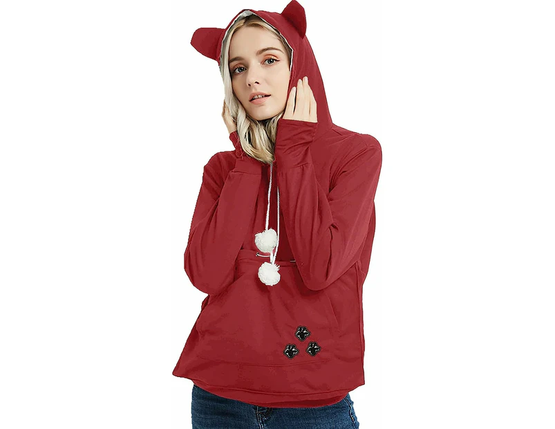 Tops Women Casual Fall Women's Autumn and Winter Sweaters Fleece Loose Pet Hooded Pullover Cat Dog Large Pouch Carriers Pullover Sweatshirts-Red-2