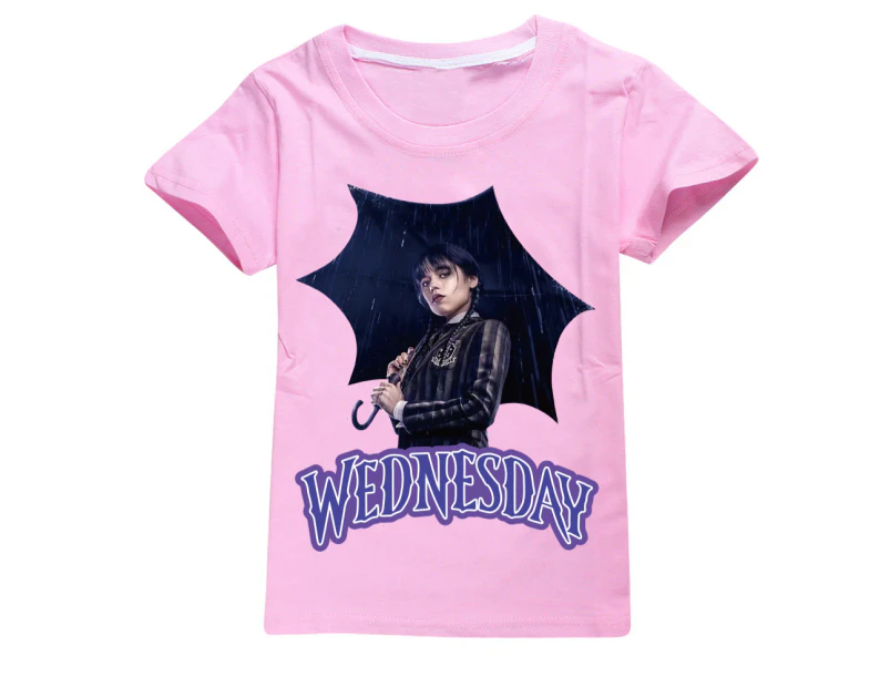 Wednesday Addams Printed T-Shirt Kids Summer Girls Crew Neck Short Sleeve Tee - Pink