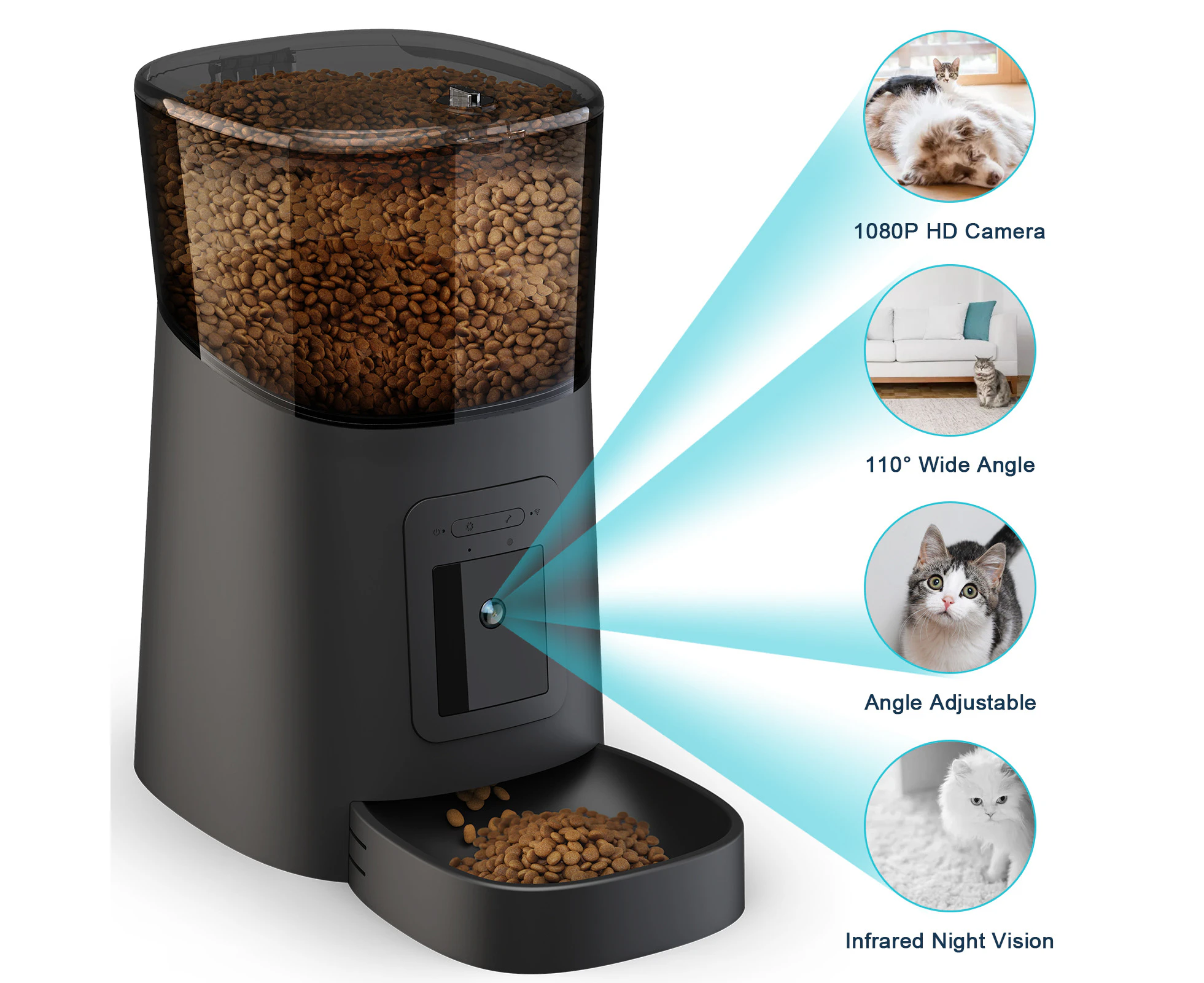 6L Automatic Pet Feeder 1080P HD Camera Night Vision WiFi App Control Dogs and Cats Feeder Food Dispenser Black