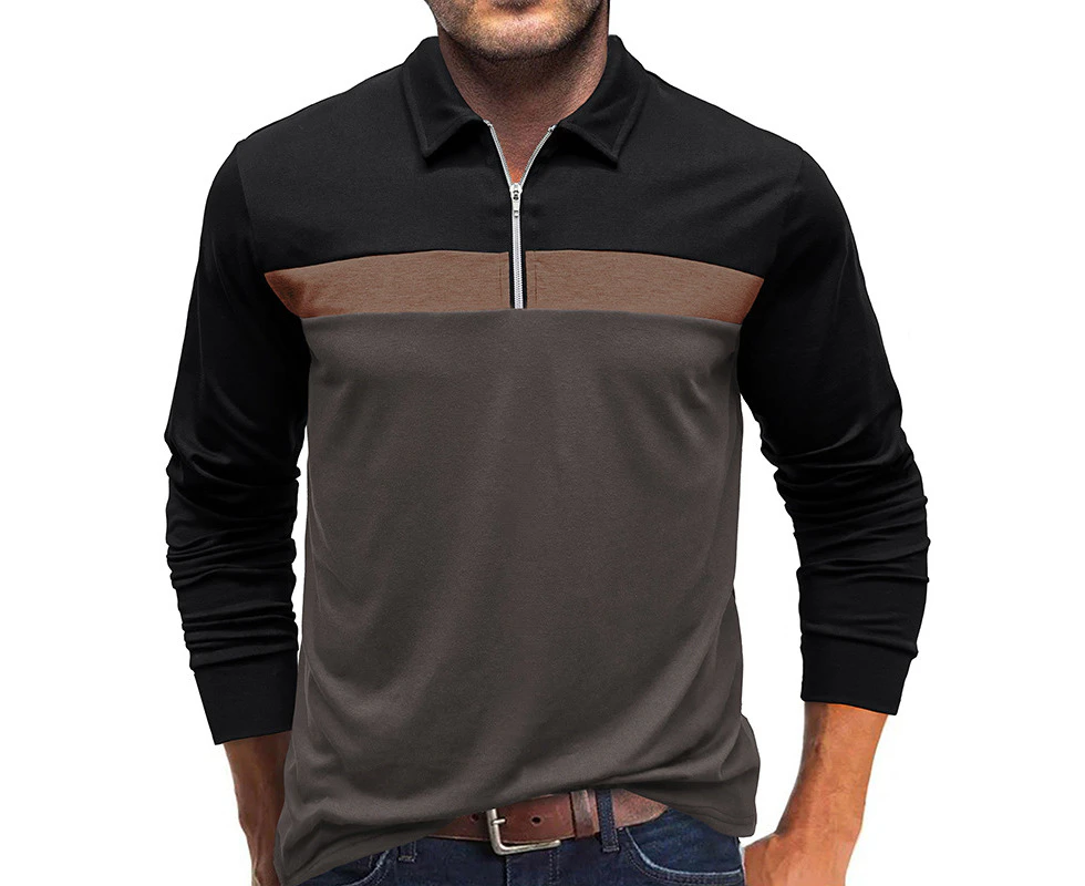 Mens Long Sleeve Polo Shirts Zipper V-neck Casual Henley Shirts Undershirts Baselayer Shirts for Men-Grey