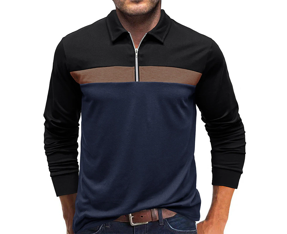 Mens Long Sleeve Polo Shirts Zipper V-neck Casual Henley Shirts Undershirts Baselayer Shirts for Men-Navy