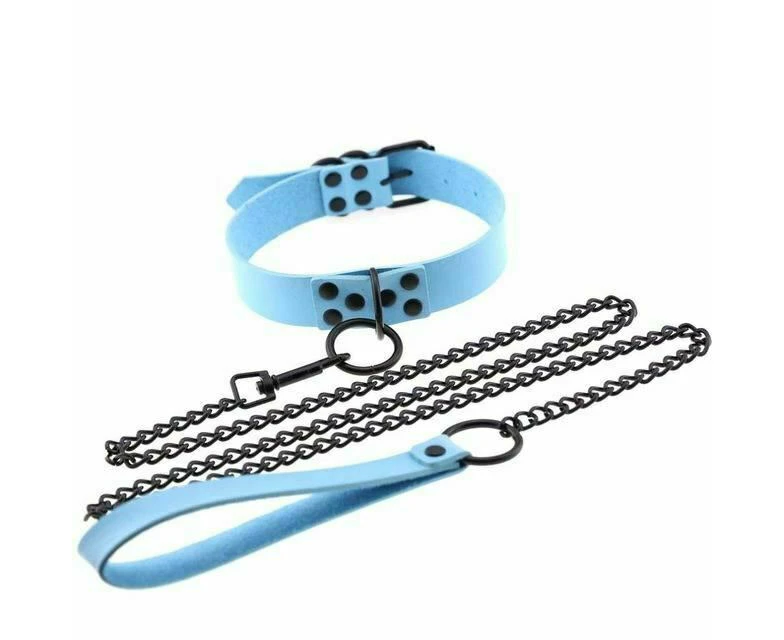 Rivet Slave Collar With Leash Bdsm Bondage Pet Play Owned Submissive - Light Blue