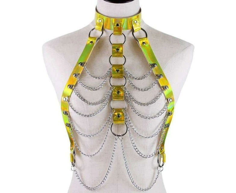 Holographic Chain Harness Women Body Fetish Clothing - Gold