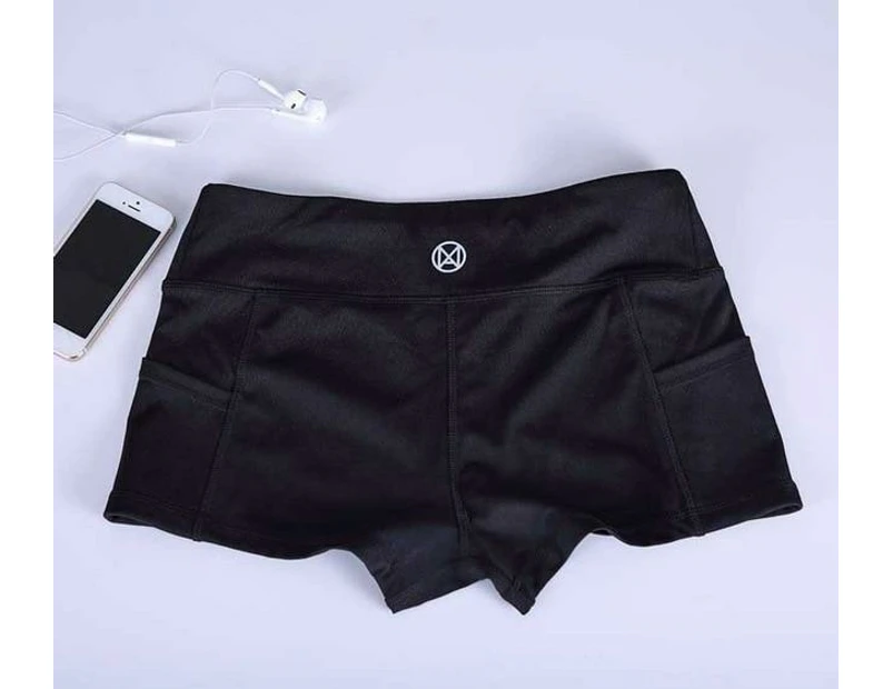 Pocket Yoga Shorts Women Gym Wear Spandex Pants Fitness Home Exercise - 04 Whole Black