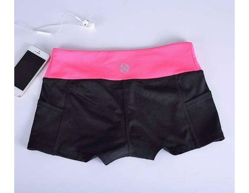 Pocket Yoga Shorts Women Gym Wear Spandex Pants Fitness Home Exercise - Pink And Black