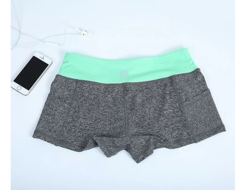 Pocket Yoga Shorts Women Gym Wear Spandex Pants Fitness Home Exercise - Green And Grey