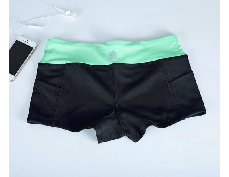 Pocket Yoga Shorts Women Gym Wear Spandex Pants Fitness Home Exercise - Green And Black