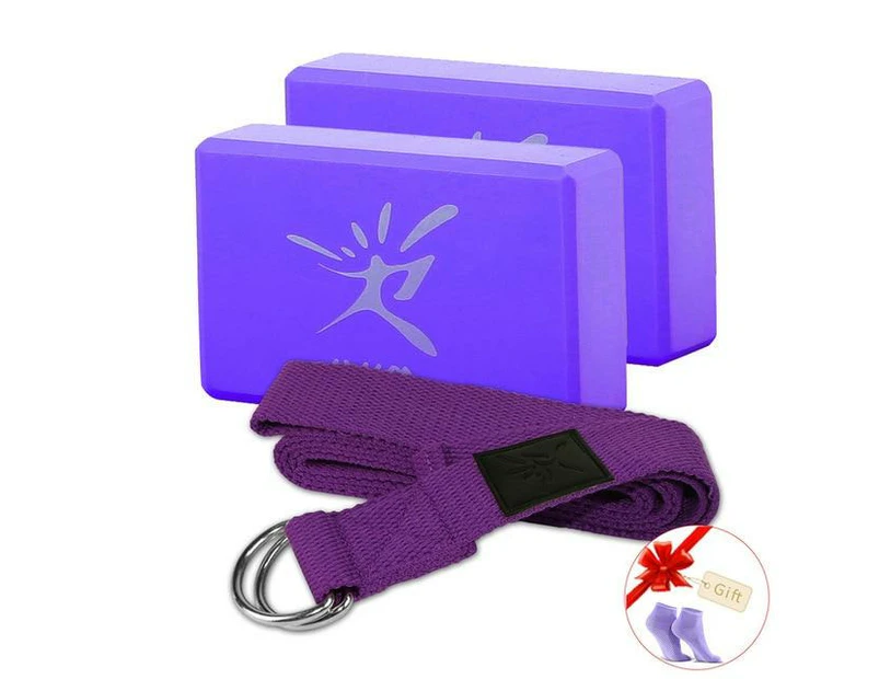 2Pcs Foam Yoga Block Plus Strap Home Exercise Fitness Workout - Purple