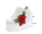 Red Rose Wedge Sneakers Embroidered Flower White Black High Heels - Red