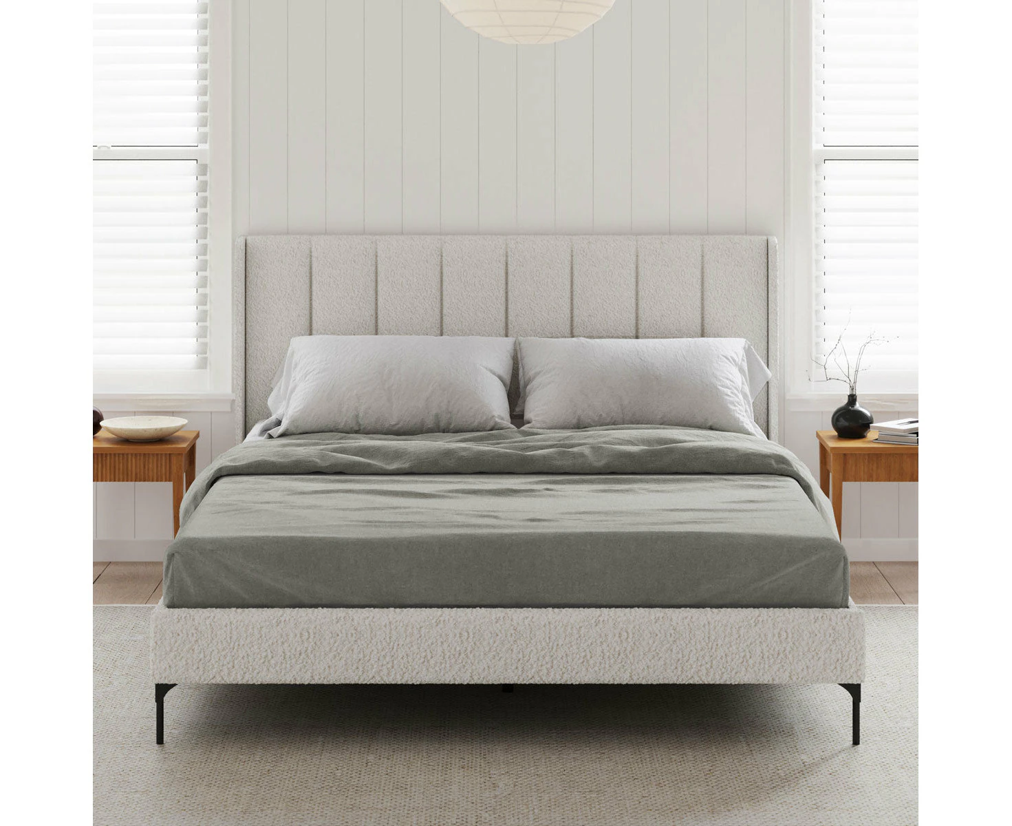 Upholstered Bed Frame with Winged Vertical Lined Bed Head  in King, Queen and Double Size (Ivory White Boucle Fabric)